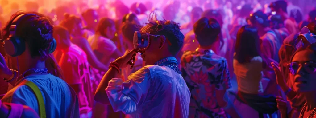 a crowd at a music festival adorned in vibrant retro edm apparel, embodying a colorful fusion of nostalgia and modern style.